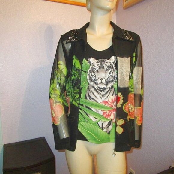 VALENTINA White TIGER Twin Set Size M RHINESTONES 2 Piece TOP & JACKET Vintage - Picture 1 of 12